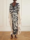 Elegant Zebra Print V-Neck Kaftan Maxi Dress