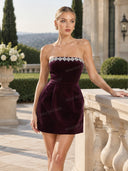 Elegant Velvet Jewel Embellished Trim Bandeau Mini Dress
