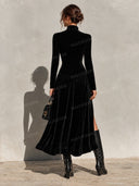 Retro Velvet High Neck Button Front Maxi Dress