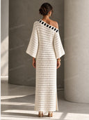 Casual Contrast Stripe Crochet Off-Shoulder Maxi Dress