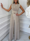 Elegant Draped Cowl Neck Belted Wide-Leg Jumpsuit