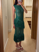 Elegant Open-Knit Fringe Tank Top & Maxi Skirt Two-Piece Set