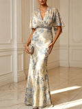Elegant Floral  Flutter Sleeve Mermaid Maxi Dress