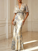 Elegant Floral  Flutter Sleeve Mermaid Maxi Dress