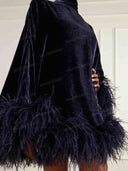 Elegant Mock Neck Feather Trim Velvet Mini Dress