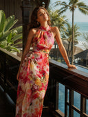 Fashion Floral Chiffon Halter Sleeveless A-Line Maxi Dress