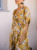 Elegant Floral Print Draped Kaftan Maxi Dress