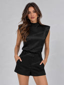 Minimalist Mock Neck Shoulder Pad Belted Romper