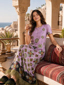 Boho Baroque Print Feather Trim Maxi Dress