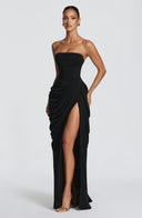 Strapless Pleated Slit Maxi Dress