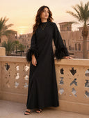 Elegant Feather-Trim Batwing Sleeve Maxi Dress