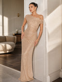 Off-Shoulder Shiny Pleated Maxi Dress