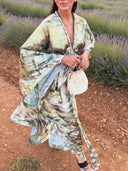Elegant Tie-Dye Glossy Satin Kaftan Maxi Dress