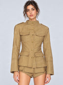Military Style Peplum Jacket & High Waist Shorts Two Piece Set