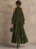 Pleated Velvet Cold Shoulder Floral Maxi Dress