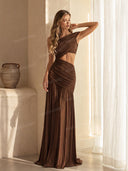 Unique Off-shoulder Waist Hollow Maxi Dress