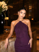 Elegant Halter-neck Draped Satin Train Maxi Dress