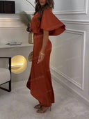 Elegant Satin Flutter Sleeve Top & Wide Leg Pants Two Piece Set