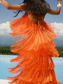 Elegant One-Shoulder Backless Tiered Fringe Maxi Dress