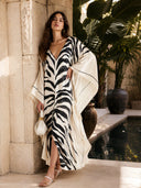 Elegant Zebra Print V-Neck Kaftan Maxi Dress