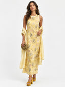 Elegant Botanical Print Sleeveless Midi Dress Two-Piece Set