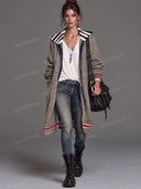 Striped Collar Longline Zip Knit Cardigan