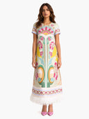 Art Nouveau Floral Feather Hem Midi Dress