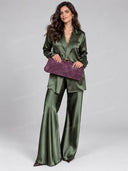 Satin Double Breasted Blazer & Wide Leg Pants Two Piece Set
