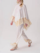 Elegant Fringe Trim Poncho Top & Straight Leg Pants Two-Piece Set