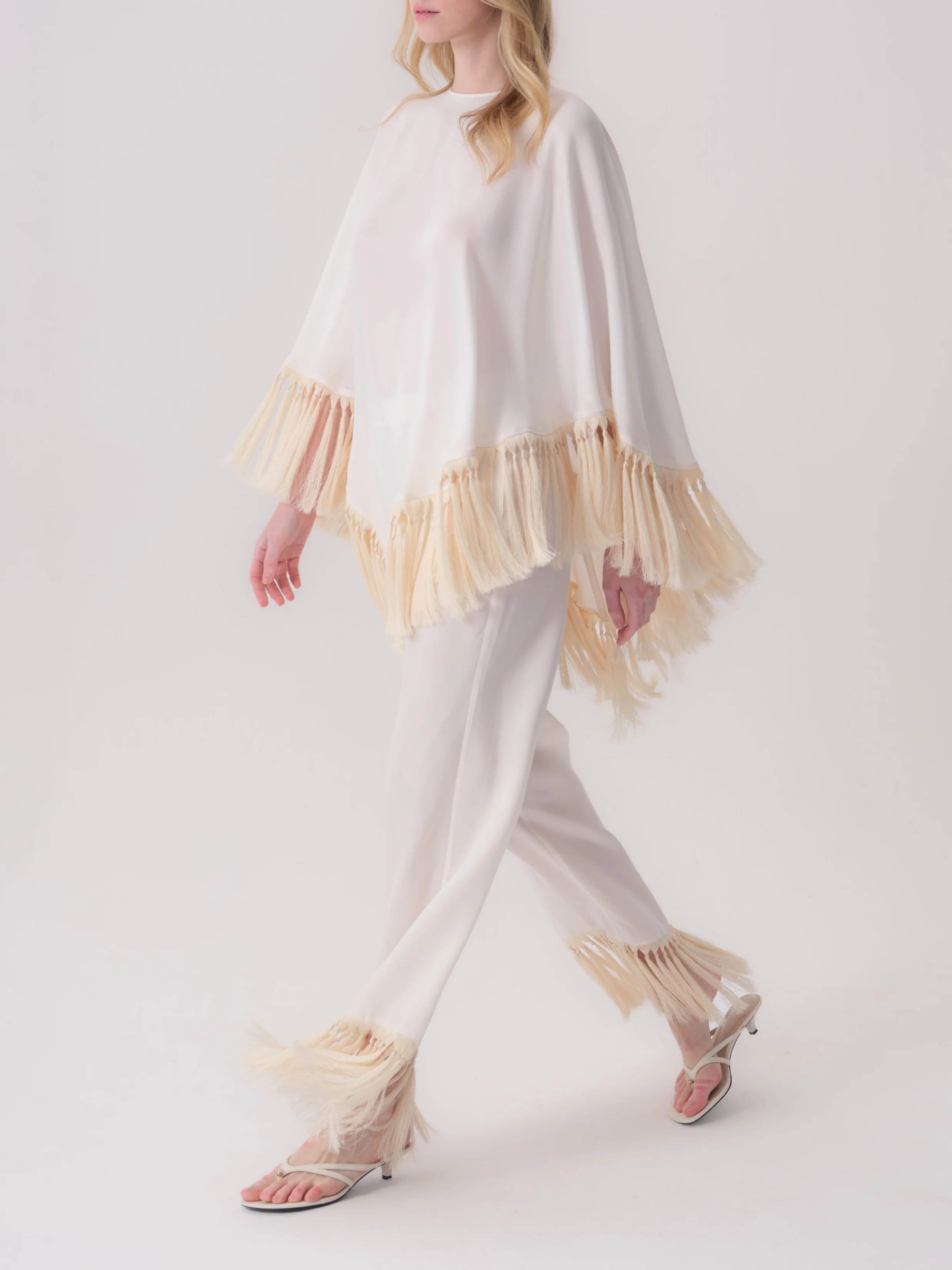 Elegant Fringe Trim Poncho Top & Straight Leg Pants Two-Piece Set