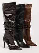 Croc Embossed Pointed Toe Stiletto Knee High Boots