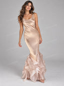 Elegant Satin Mermaid Ruffle Hem Maxi Dress