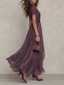 Elegant Lace Trim Pleated Chiffon Maxi Dress