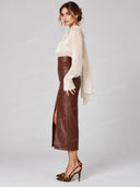 Sheer High Neck Blouse &Crocodile Embossed Midi Skirt Set