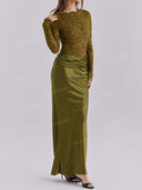 Elegant Lace Long Sleeve Ruched Waist Maxi Dress