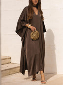 Elegant Satin Choker Neck Batwing Sleeve Kaftan Maxi Dress