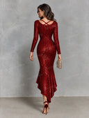 Elegant Sequin Long Sleeve High-Low Slit Maxi Dress
