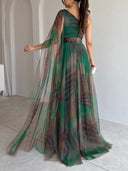 Elegant One-Shoulder Printed Tulle Cape Maxi Dress