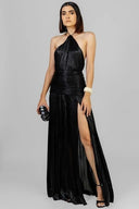 Elegant Metallic Pleated Halter Neck Maxi Dress