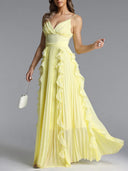 Elegant Spaghetti-Strap Ruffled Pleated Chiffon Maxi Dress