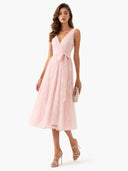 Elegant V-Neck Lace Embroidered Tie-Front Midi Dress