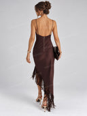 Elegant Cowl Neck Fringe Asymmetric Maxi Dress