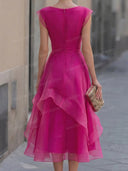 Elegant Organza Pleated Waist Ruffle Midi Dress