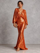 Elegant Sequin Ruched Long Sleeve Maxi Dress