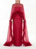 Elegant Feather Trim Chiffon Shawl Black Satin Maxi Dress