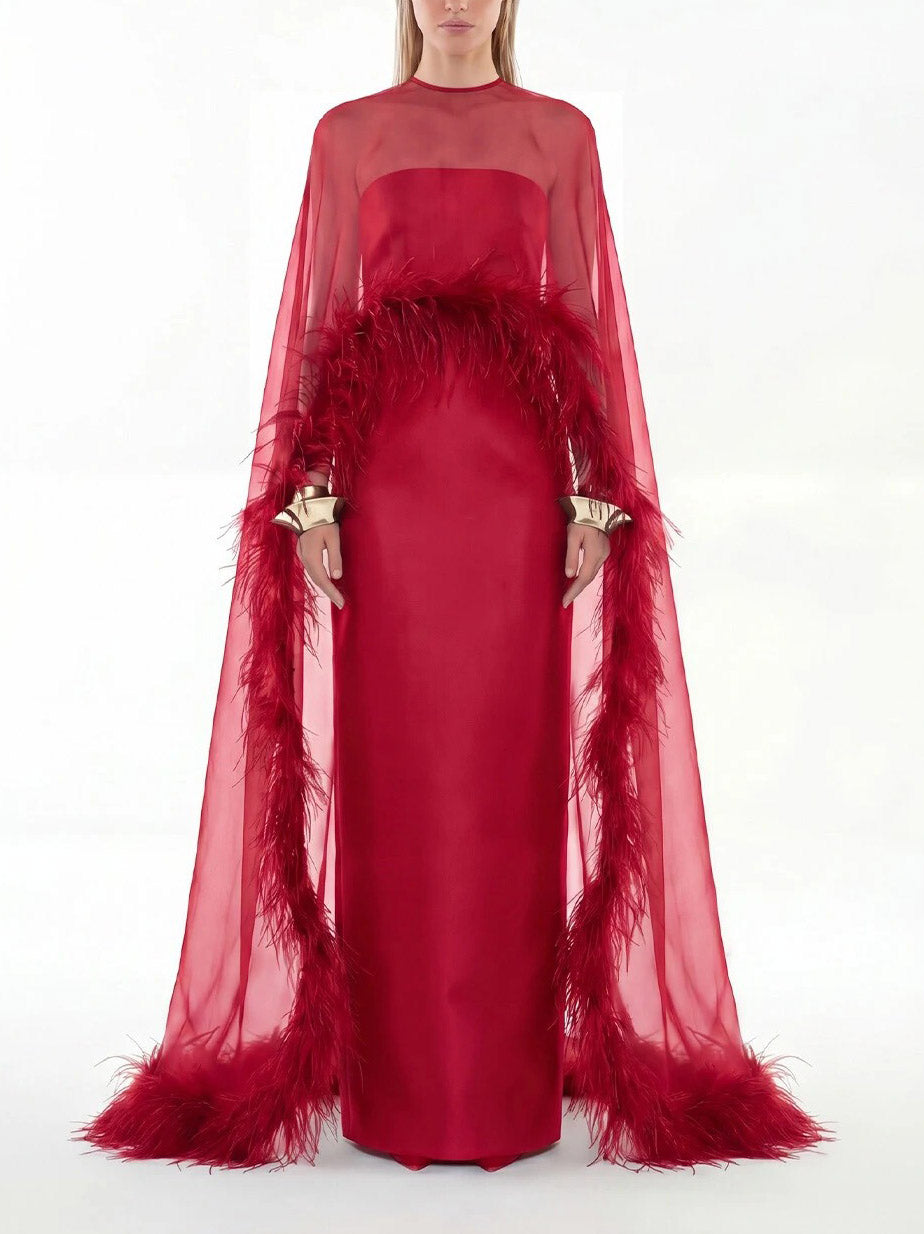 Elegant Feather Trim Chiffon Shawl Black Satin Maxi Dress