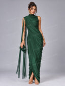 Ruched High Neck Draped Cape Maxi Dress