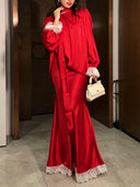 Elegant Puff Sleeve Satin Top & Lace Trim Maxi Skirt Two-Piece Set