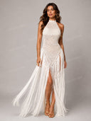 Sexy Crochet Halter Neck Fringe Maxi Dress