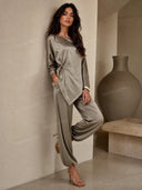 Retro Embroidered Waist Belt Satin Shirt & Harem Pants Set
